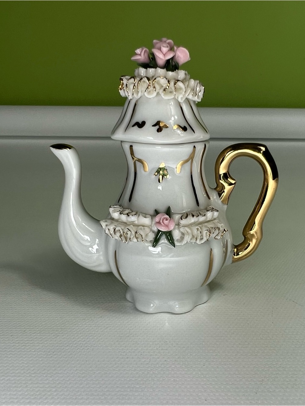 Capodimonte miniature porcelain teapot floral gold trim Italy vintage